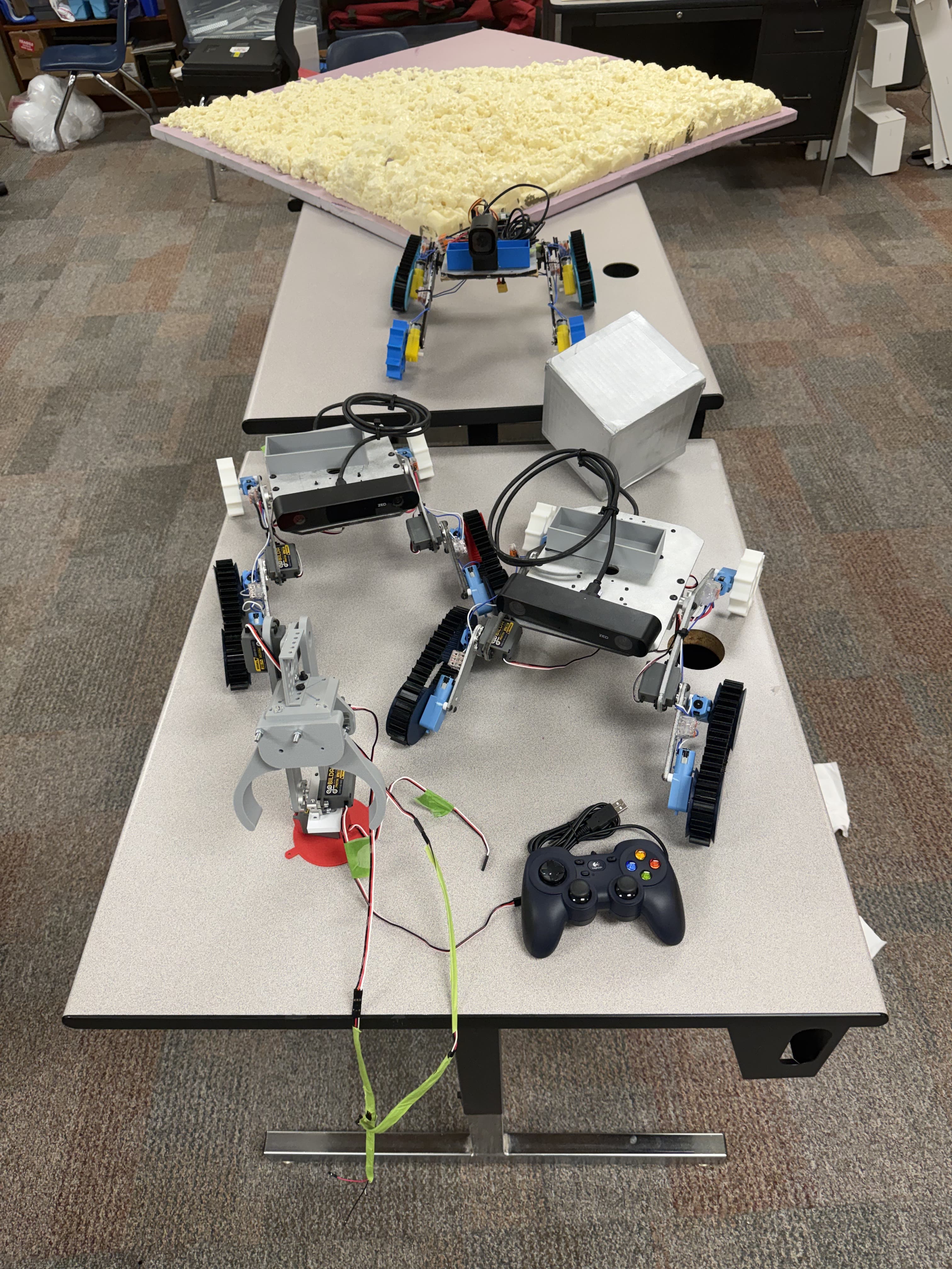 Top-down view of both rovers and terrain board